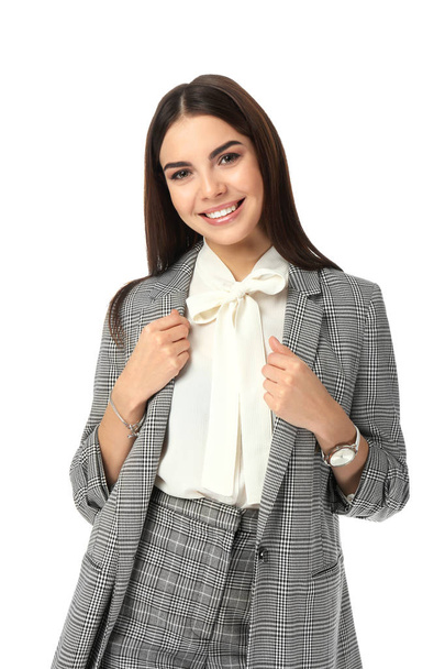 Portrait of beautiful businesswoman on white background - Фото, изображение