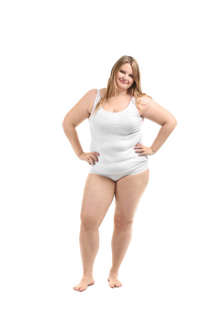 Mooi plus grootte meisje in ondergoed op witte achtergrond. Concept van lichaam positiviteit - Foto, afbeelding