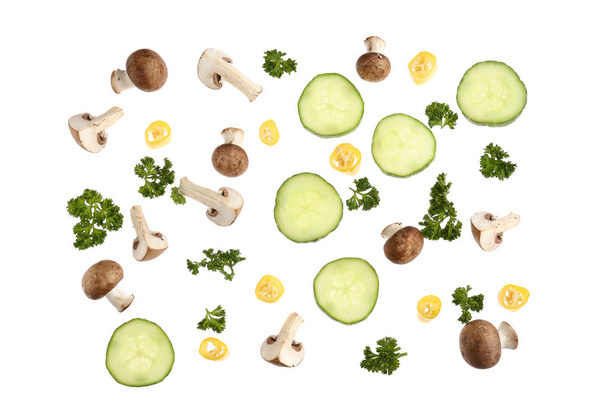 Different vegetables, mushrooms and parsley on white background - Fotografie, Obrázek