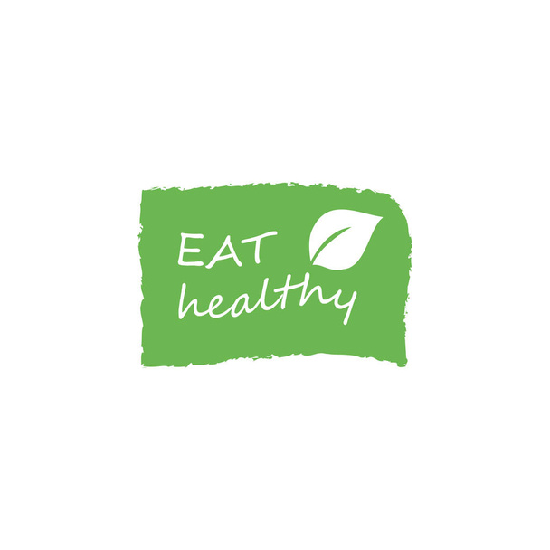 Eat healthy - motivational poster or banner with hand-lettering phrase eat healthy on green background with trendy linear icons and signs of fruits and vegetables. - Vektori, kuva