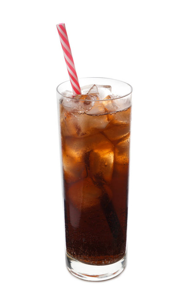 Glass of tasty soda with ice on white background - Photo, Image