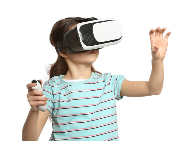 Cute girl with virtual reality glasses on white background - Fotoğraf, Görsel