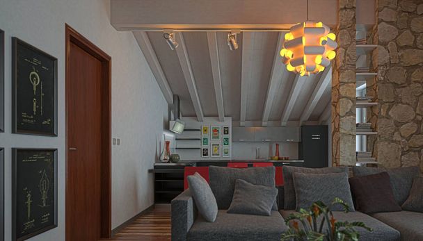 Apartamento no sótão, cozinha com tecto de madeira, ilustração 3d - Foto, Imagem