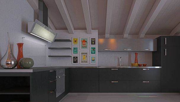 国内キッチン、屋根裏スタジオアパートメントには木製の天井、3 d イラストレーション - 写真・画像
