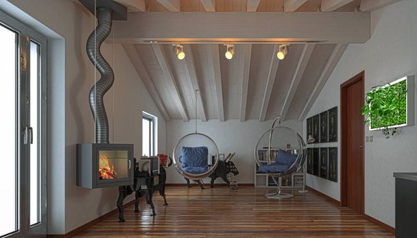 Attic studio apartment, kitchen with wooden ceiling, 3d illustration - Photo, Image