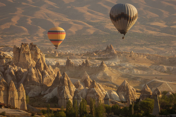 Beautiful landscape of Cappadocia valley with hot air balloons in background at sunrise - Foto, immagini