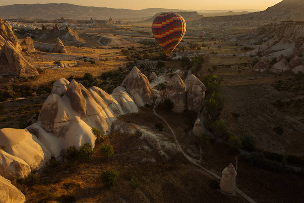 View from above the Cappadocia Valleys with balloons. Turkey. - Фото, изображение