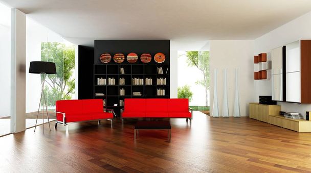 Interior étnica com sofá e poltrona, ilustração 3d - Foto, Imagem