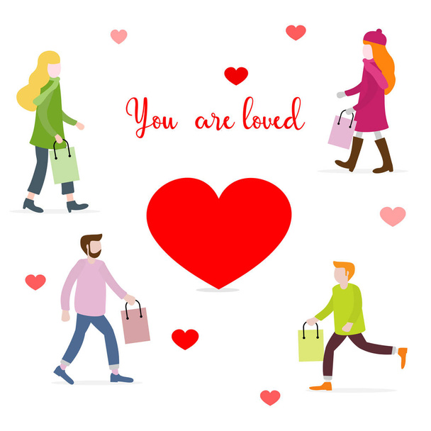 Vector illustration with people carry purchases, gifts for loved ones and heart. Inscription you  are loved. Love message. Greeting card happy Valentine's Day. Romantic background. - Vector, Image
