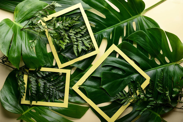 Tropical leaves and paper frames on light background - Photo, Image
