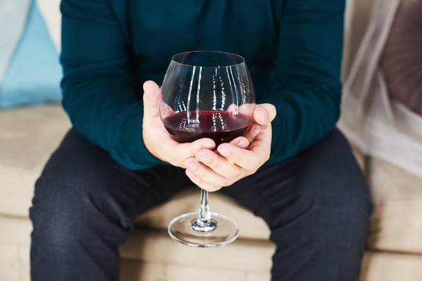 kadife kanepede oturan ve bir bardak şarap holding zarif genç adam - Fotoğraf, Görsel