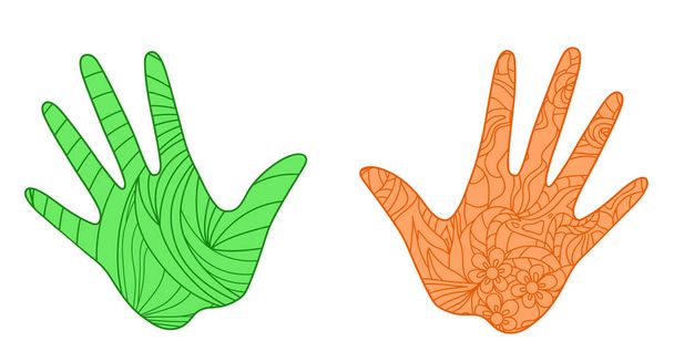 Hands on white. Abstract patterns on isolation background. Design for spiritual relaxation for adults. Zen art. Doodles for banner, poster, t-shirt or textiles - Vector, Image