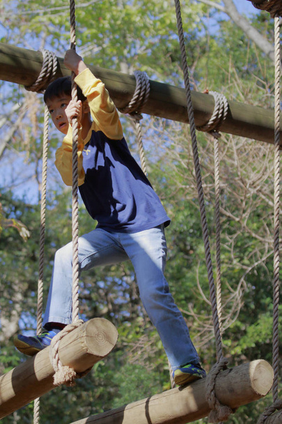Japán fiú játszik a szabadtéri akadály tanfolyam (általános iskola harmadik osztályos) - Fotó, kép