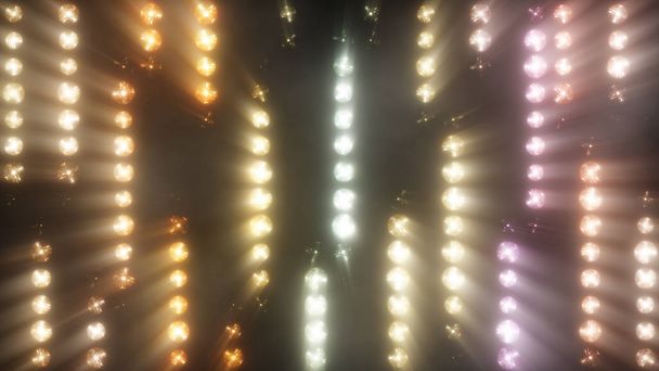 Barevné blikající různobarevné reflektory žárovek v textuře zdola nahoru s kouřem. 3D obrázek - Fotografie, Obrázek