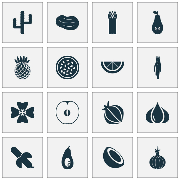 Fruchtsymbole mit Limette, Knoblauch, Frische und anderen Zitrusfrüchten. isolierte Abbildung Frucht-Symbole. - Foto, Bild