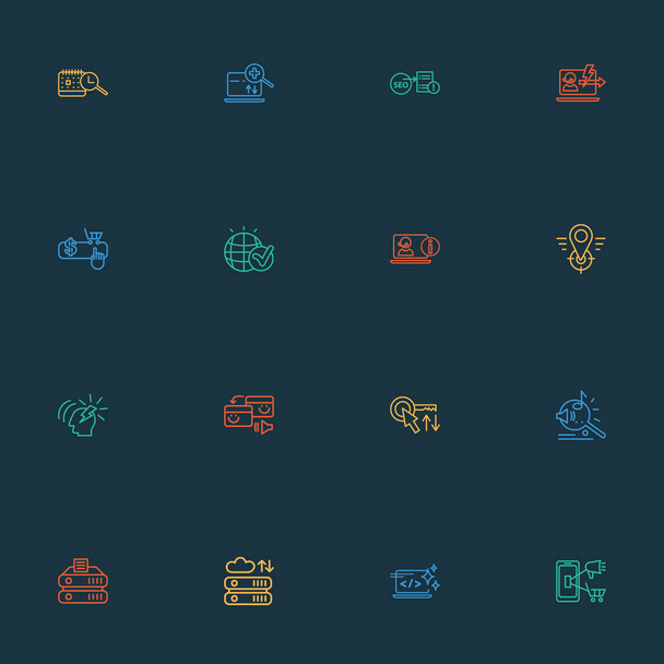 Engine icons line style set with sort keywords, search time schedule, clean code and other exchange elements. Isolated vector illustration engine icons. - Vector, Image