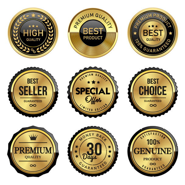  set van gouden en zwarte zegelbadges etiketten premium kwaliteit product - Vector, afbeelding