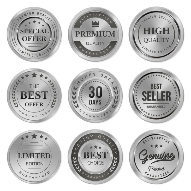 ezüst érmes minőségi termék jelvény és címke - Vektor, kép