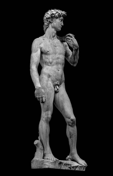 Patsas komea ja vahva David Piazza Della Signoria Firenzessä, eristetty mustalla pohjalla, Italia
 - Valokuva, kuva