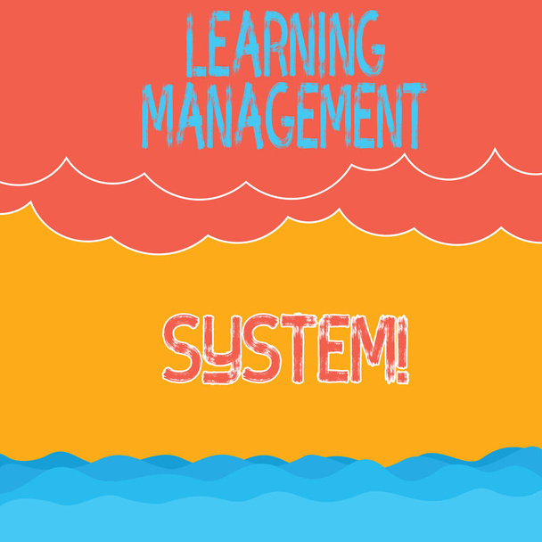 Text sign showing Learning Management System. Conceptual photo software application that is used to administer Halftone Wave and Fluffy Heavy Cloud Seascape Scenic with Blank Text Space. - Photo, Image