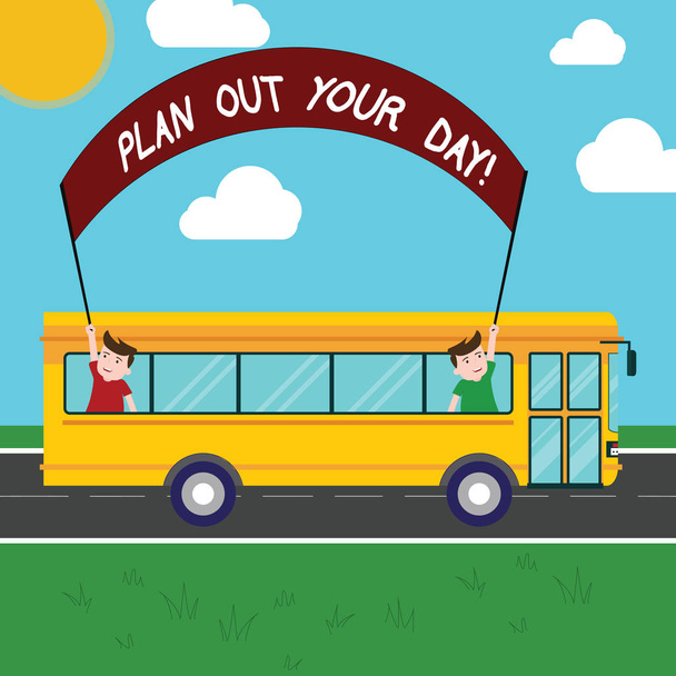 Käsiala teksti Suunnittele päiväsi. Käsitteen merkitys Tee aikataulu toimintaa tehdä jokapäiväistä järjestetään Kaksi Kids Inside School Bus Holding Out Banner Stick Päiväretkellä
. - Valokuva, kuva