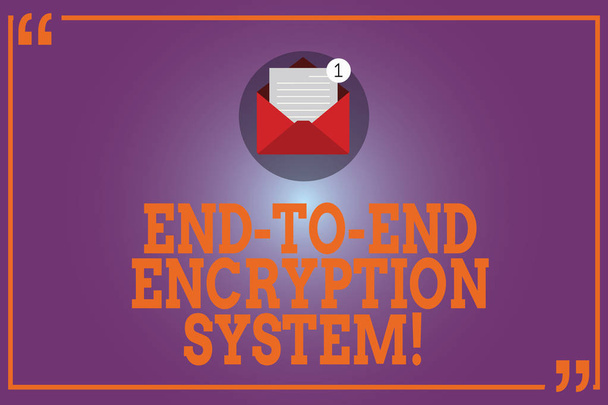 Conceptual hand writing showing End To End Encryption System. Business photo text method used for securing encrypted data Open Envelope with Paper Email Message inside Quotation Mark. - Photo, Image