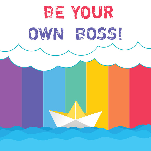 Conceptual hand writing showing Be Your Own Boss. Business photo showcasing Entrepreneurship Start business Independence Selfemployed Wave Heavy Clouds and Paper Boat Seascape Scene Copy Space. - Photo, Image