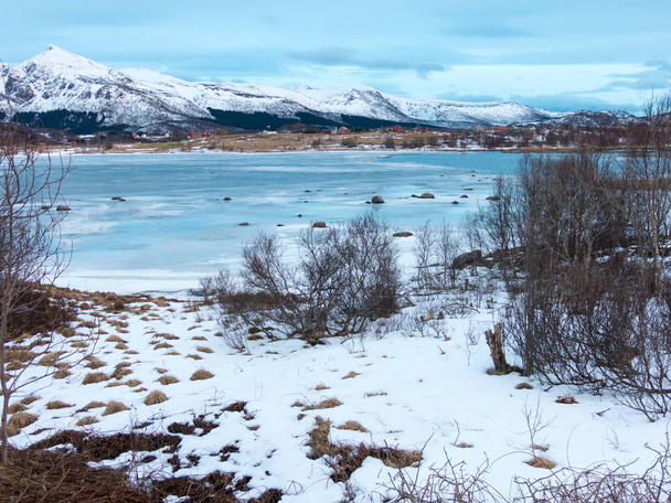 Panoramic view of Saltvatnet salt lake near Straume on Langoya island, Vesteralen, Nordland, Norway - Photo, Image