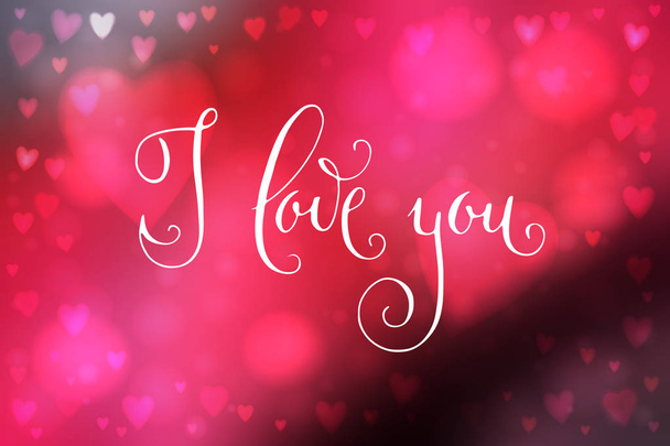 Abstract smooth blur pink background with heart-shaped lights over it and hand written I love you words. - Vecteur, image