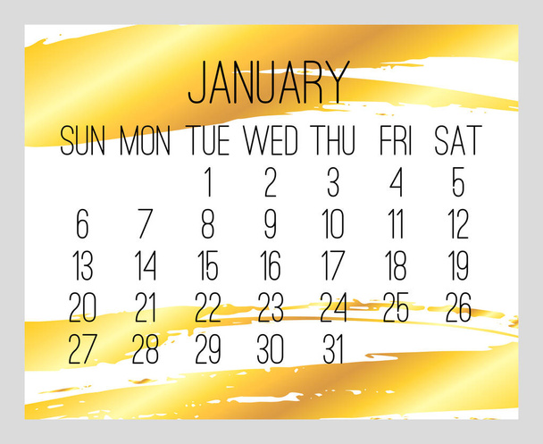 Enero año 2019 vector calendario moderno mensual. Semana a partir del domingo. Pinceladas doradas contemporáneas sobre diseño blanco
. - Vector, imagen