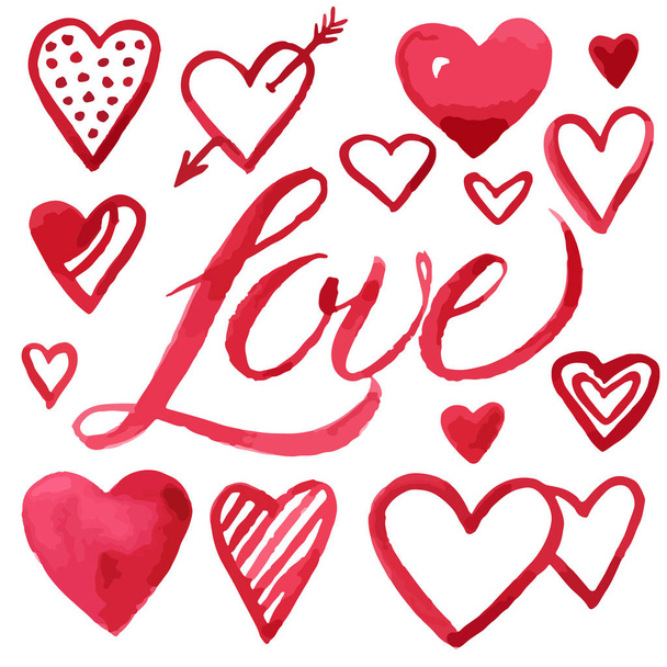 Çizilmiş suluboya kalpler el ve beyaz bitti izole kırmızı kelimesini seviyorum. Sevgililer günü sembolleri ayarlayın. Romantik vektör çizim. - Vektör, Görsel