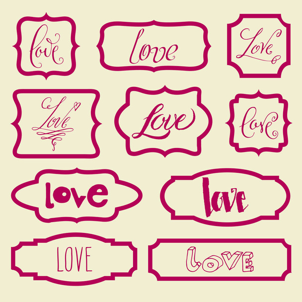 Love. Hand written Valentine's day word in pink frames isolated over beige background. Vector romantic holiday lettering big set. - Вектор,изображение