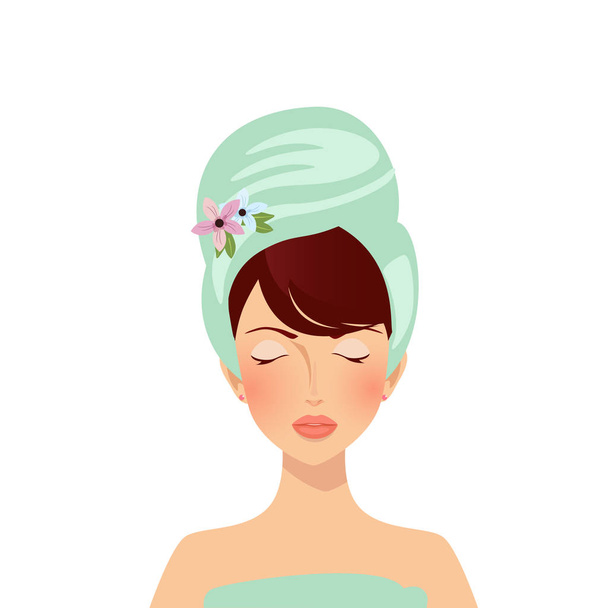Beauty spa face, pretty woman in towel with closed eyes. Character portrait of relaxing girl. Fashion, style, beauty. Spa day concept. illustration, fashion, style, clip art on white background. - Photo, Image