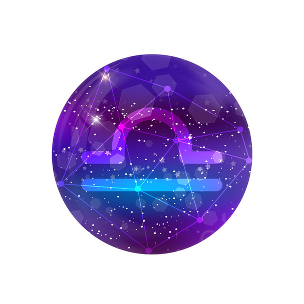 Libra Signo del zodíaco y constelación en un cielo cósmico púrpura con estrellas brillantes y nebulosas aisladas sobre fondo blanco. icono de neón, botón web, clip art, astrología, horóscopo, astronomía
 - Foto, Imagen