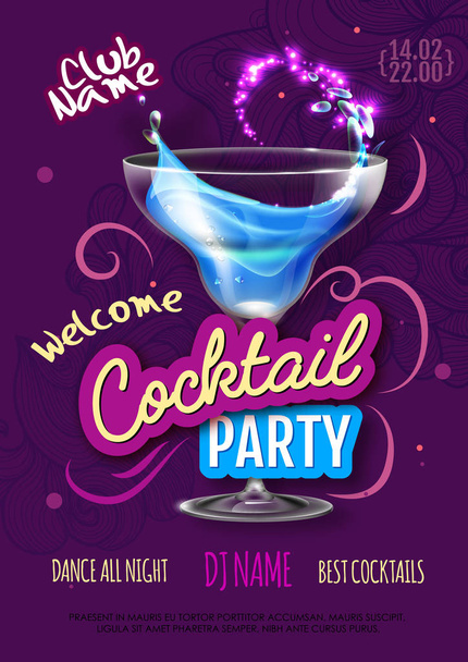 Cocktail party poster in eclectic modern style. Realistic cocktail - Vetor, Imagem