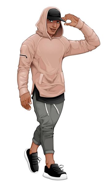 Fashion boy posing walking and touching his visor. Vector isolated characte - Vector, Image