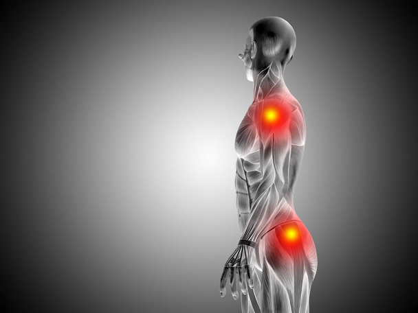 Концептуальна 3D ілюстрація анатомії людини верхнього тіла або дизайну здоров'я, суглобового або суглобового болю, болю або травми на сірому градієнтному фоні
 - Фото, зображення