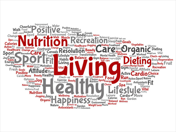 Concepto o conceptual vida saludable nutrición positiva deporte palabra abstracta nube aislado fondo
 - Vector, imagen