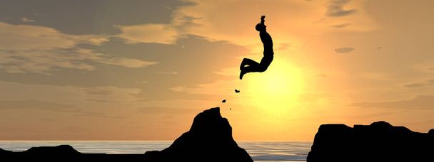 Concept of conceptuele 3d illustratie jonge man of zakenman silhouet sprong gelukkig van klif boven water gap zonsondergang of zonsopgang hemel achtergrond banner - Foto, afbeelding