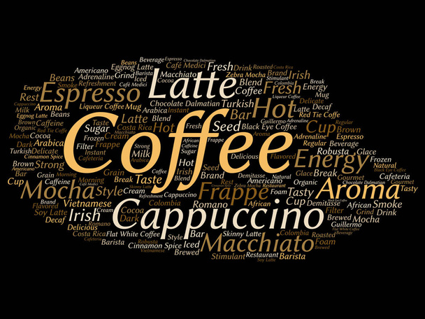 konzeptionelle kreative heiße italienische Kaffeepause am Morgen, Cappuccino oder Espresso Restaurant oder Cafeteria abstraktes Getränk Wortwolke isoliert auf Hintergrund - Foto, Bild