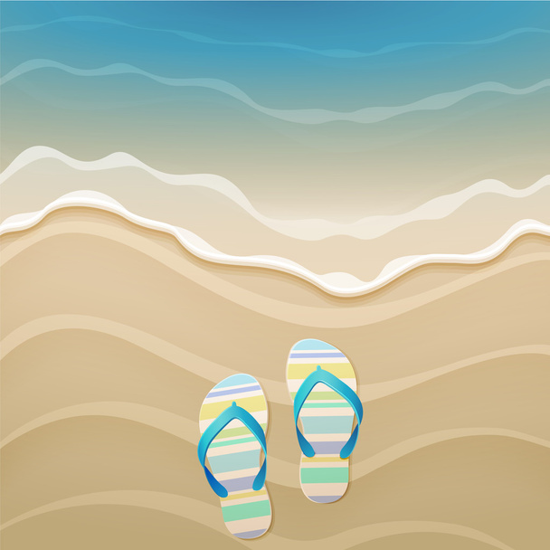 flip-flops και τα κοχύλια στην παραλία - Διάνυσμα, εικόνα