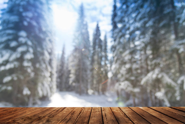 wooden table and winter forest landscape - Photo, Image