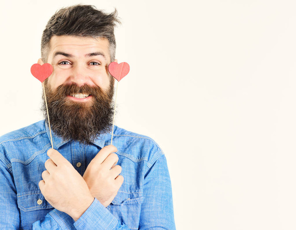 bearded serious man in blue shirt holds small hearts valentines. handsome smiling guy isolated on white backgroun - Foto, afbeelding