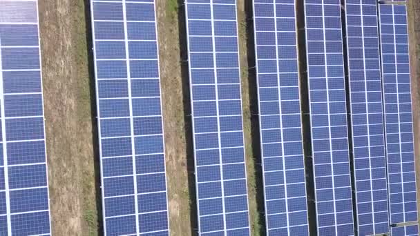 Aerial view of Solar Panels Farm solar cell with sunlight. Drone flight fly over solar panels field renewable green alternative energy concept - Filmati, video