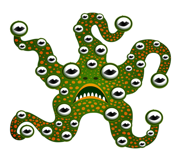 Смешной монстр мутант морская звезда с зубами и много глаз Зеленый персонаж мультфильма пришельцев на Хэллоуин. Изолированный объект на белом фоне. Векторные иллюстрации
. - Вектор,изображение