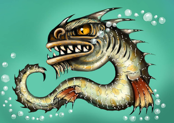 Mar monstruo agua dragón peces mutante. Espantoso demonio profundo. Ilustraciones a color
. - Foto, imagen