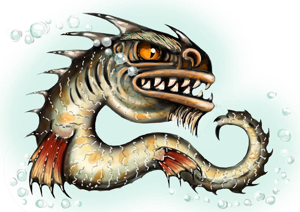 Mar monstruo agua dragón peces mutante. Espantoso demonio profundo. Maldito personaje sediento de sangre en Halloween. Ilustraciones a color
. - Foto, imagen