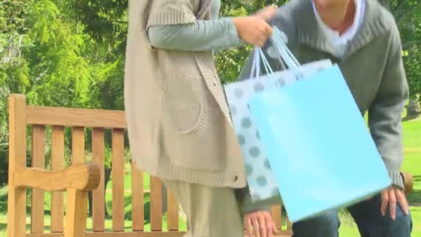 Young couple on a bench having done their shopping - Video
