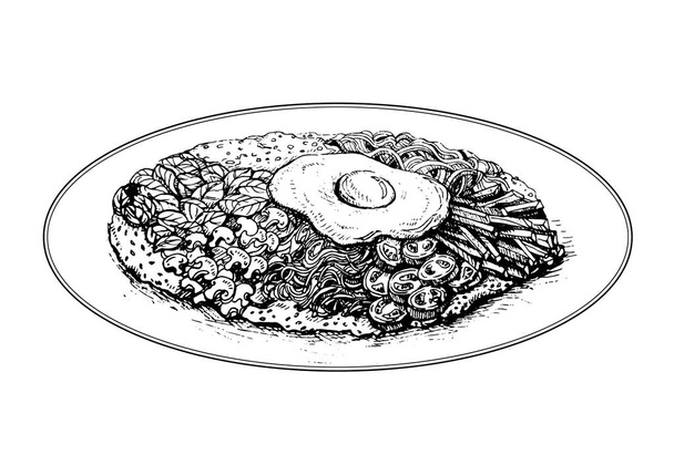 Bibimbap, piatto tradizionale coreano, riso con verdure. Menu di schizzi di cibo coreano. Cibo asiatico sfondo. Illustrazione vettoriale.Grafico lineare. Stile inciso.Cucina coreana
.  - Vettoriali, immagini