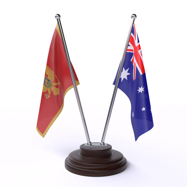 Montenegro and Australia, two table flags isolated on white background. 3d image - Foto, Bild